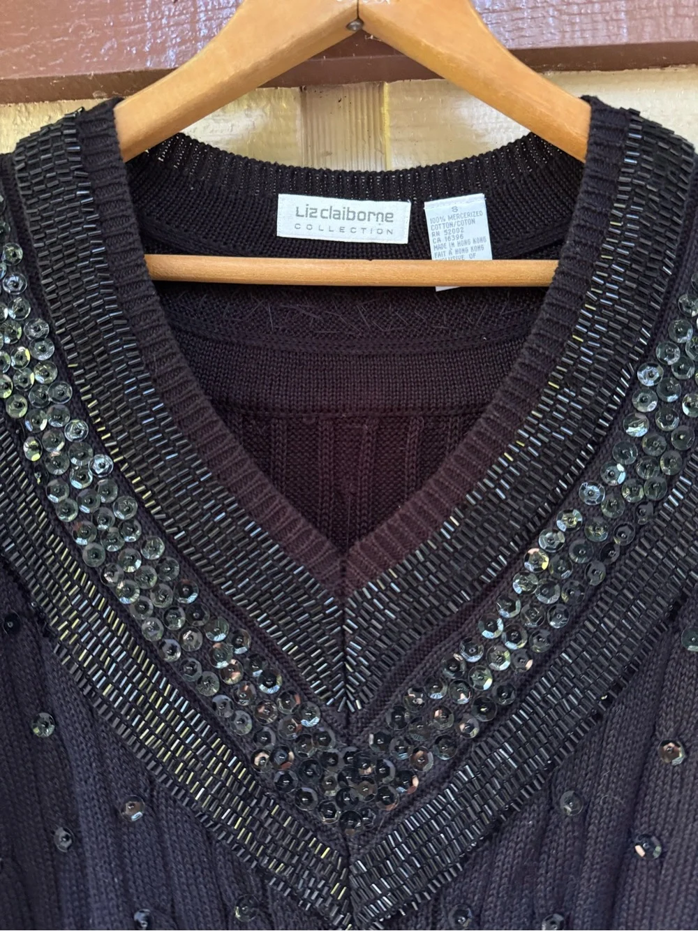 Vintage Liz Claiborne Black Sequin Embellished V-Neck Ribbed Tennis Sweater S
